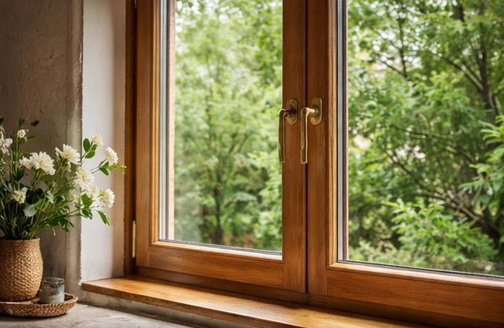 Détail de châssis bois naturel à Bruxelles avec finition chaleureuse