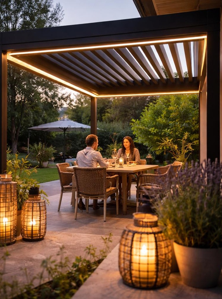 Pergola moderne à Bruxelles avec éclairage LED et espace extérieur élégant et convivial