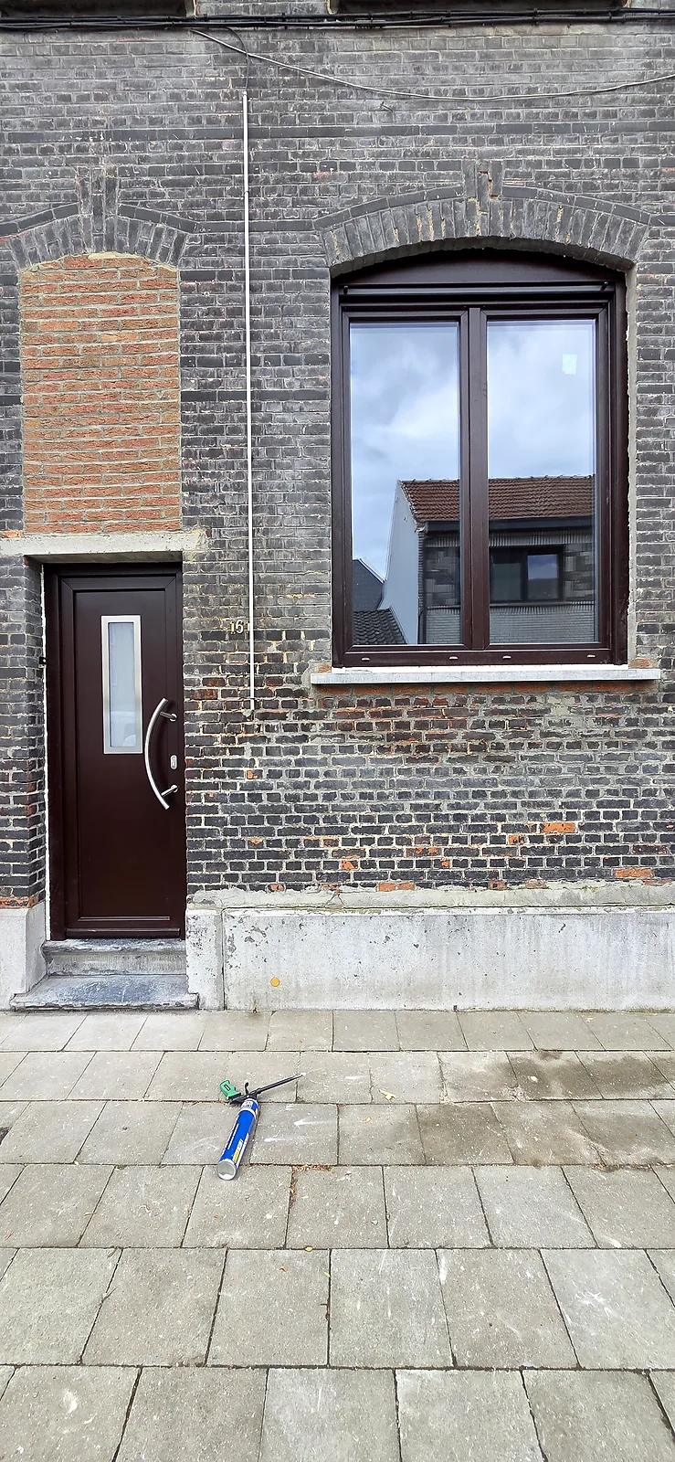 Porte et fenêtre teintées foncées, intégrées dans une façade en briques avec linteau cintré, style maison bruxelloise