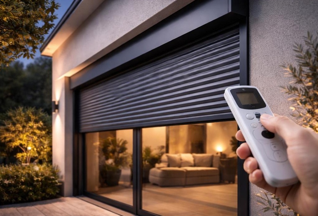 Détail de volets roulants modernes à Bruxelles avec commande et finition haut de gamme